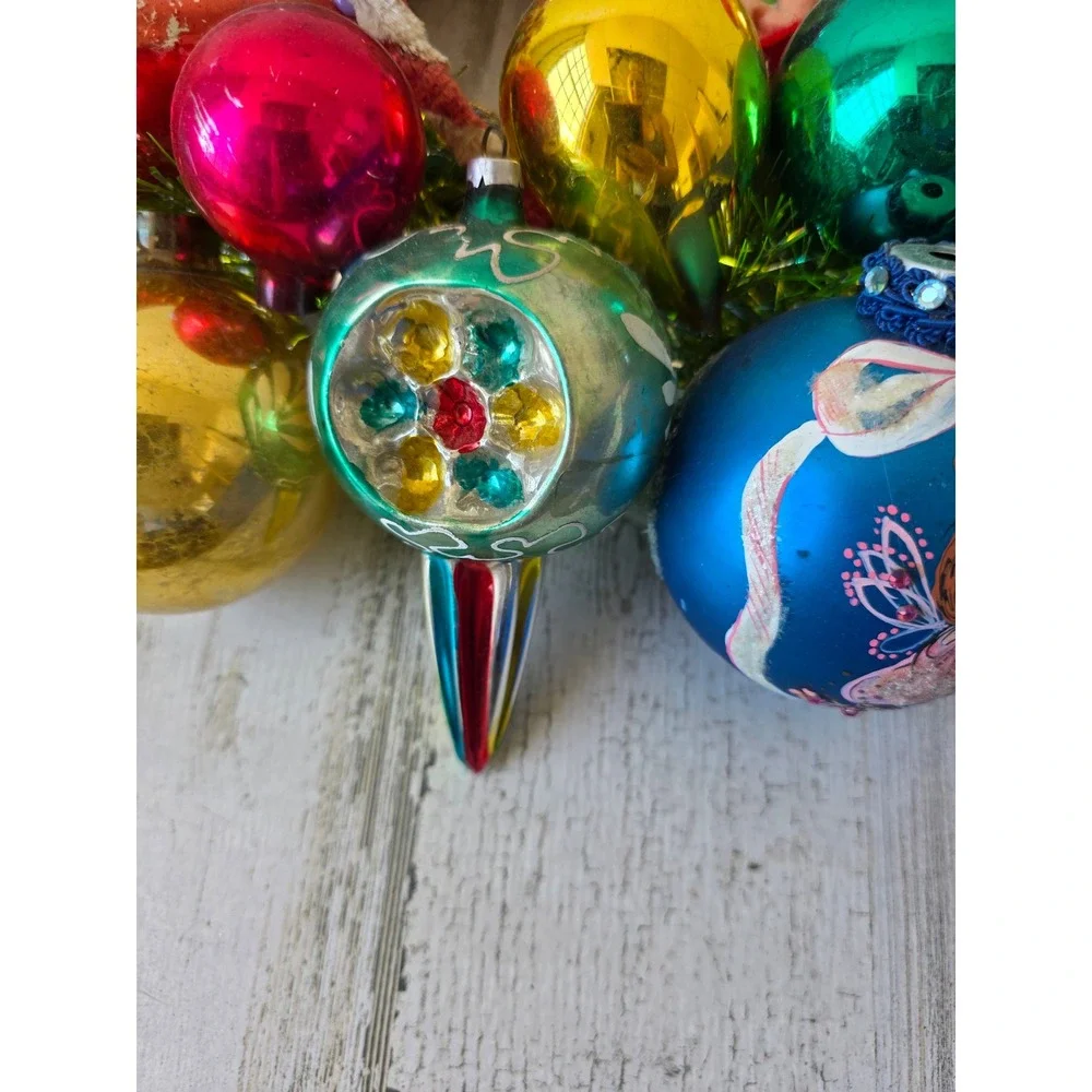Antique vintage glass ornament wreath pixie knee hugger Santa Xmas hanging decor